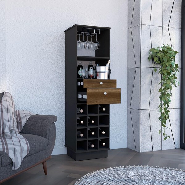 Tuhome Classic Bar Cabinet, Two Drawers, Twelve Built-in Wine Rack-Black/Walnut - BWC7893