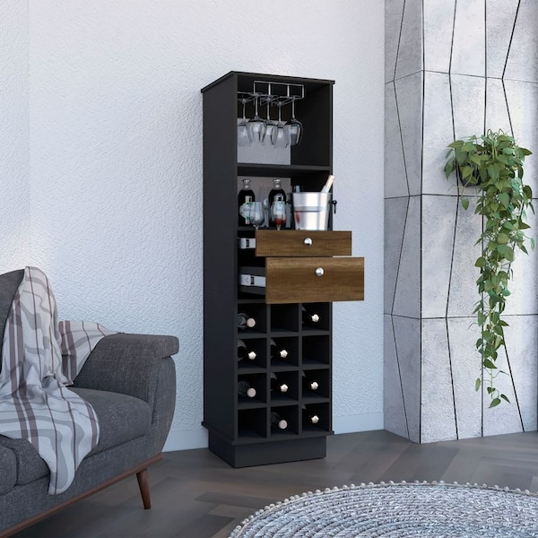 Tuhome Classic Bar Cabinet, Two Drawers, Twelve Built-in Wine Rack-Black/Walnut - BWC7893