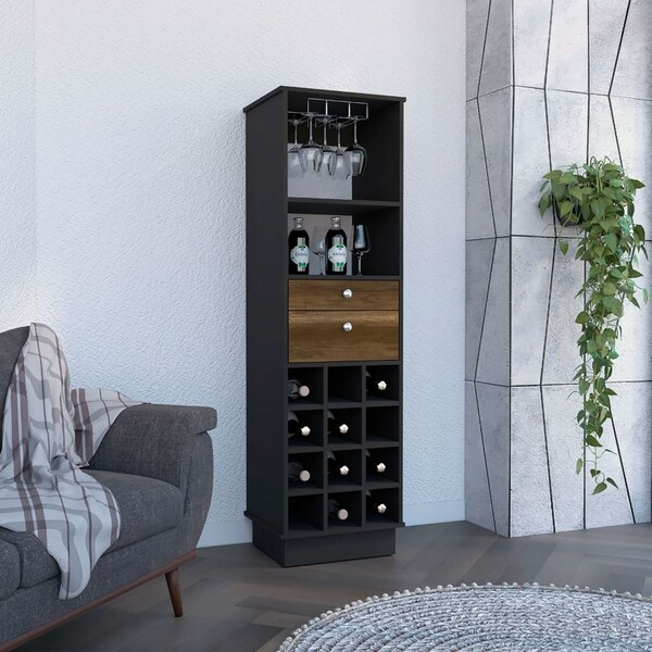 Tuhome Classic Bar Cabinet, Two Drawers, Twelve Built-in Wine Rack-Black/Walnut - BWC7893