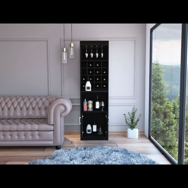 Tuhome Kava Bar Cabinet, Concealable Serving Tray, Sixteen Built-in Wine Rack, Shelf, Double Door, Black - BLW6552
