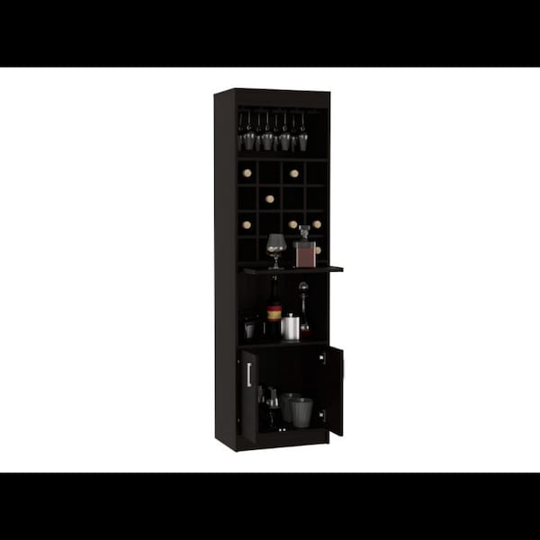 Tuhome Kava Bar Cabinet, Concealable Serving Tray, Sixteen Built-in Wine Rack, Shelf, Double Door, Black - BLW6552