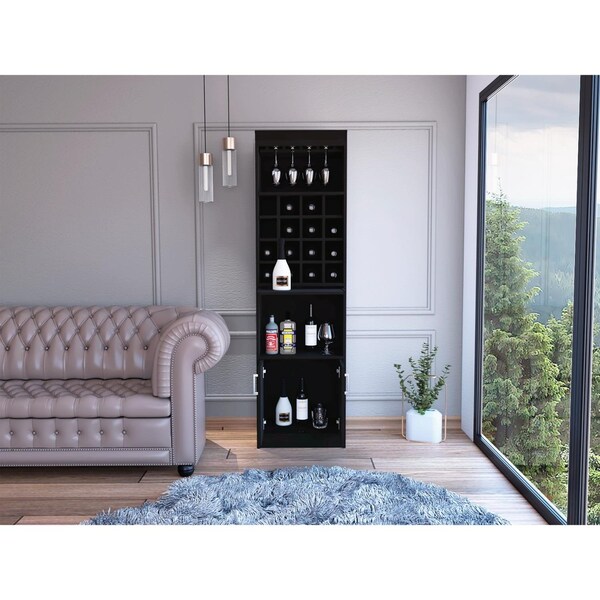 Tuhome Kava Bar Cabinet, Concealable Serving Tray, Sixteen Built-in Wine Rack, Shelf, Double Door, Black - BLW6552