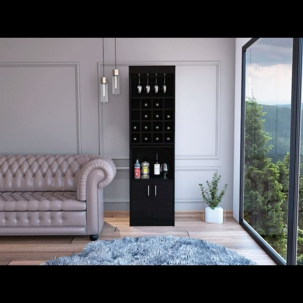 Tuhome Kava Bar Cabinet, Concealable Serving Tray, Sixteen Built-in Wine Rack, Shelf, Double Door, Black - BLW6552