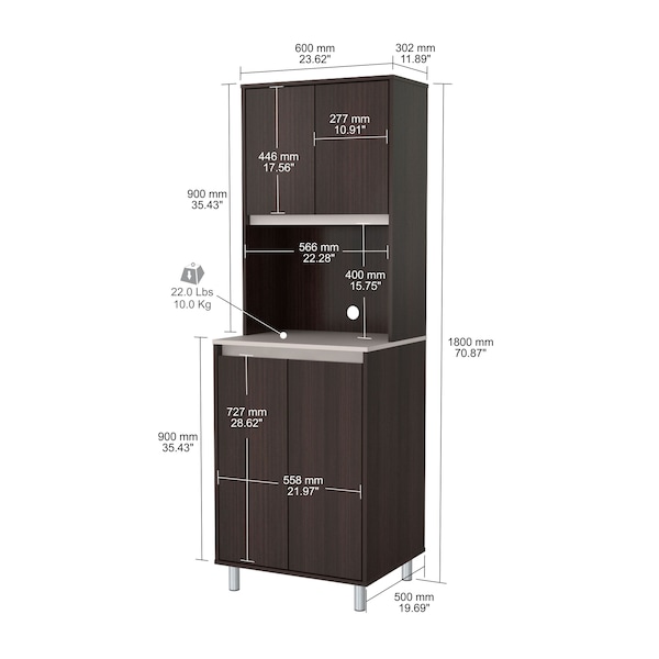 Inval Breakroom Cabinet With 4-Doors and Open Space 23.62 in W x 11.89 in D x 70.87 in H in Espresso and Amber Grey - AL-4013