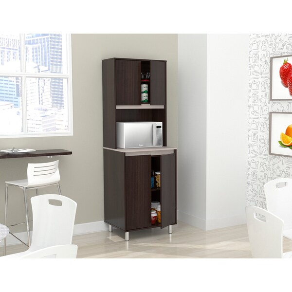 Inval Breakroom Cabinet With 4-Doors and Open Space 23.62 in W x 11.89 in D x 70.87 in H in Espresso and Amber Grey - AL-4013