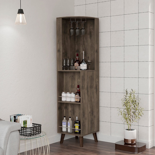 Tuhome Cincinatti Corner Bar Cabinet, Cup Rack, Two External Shelves, One Drawer, Four Legs, Dark Brown - BLB7766