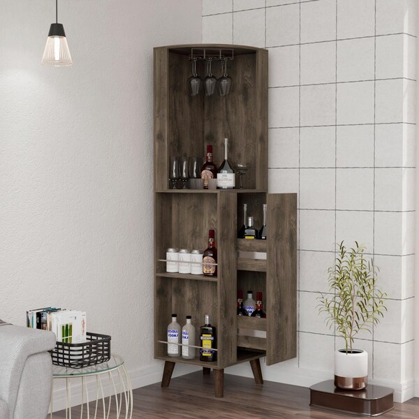 Tuhome Cincinatti Corner Bar Cabinet, Cup Rack, Two External Shelves, One Drawer, Four Legs, Dark Brown - BLB7766
