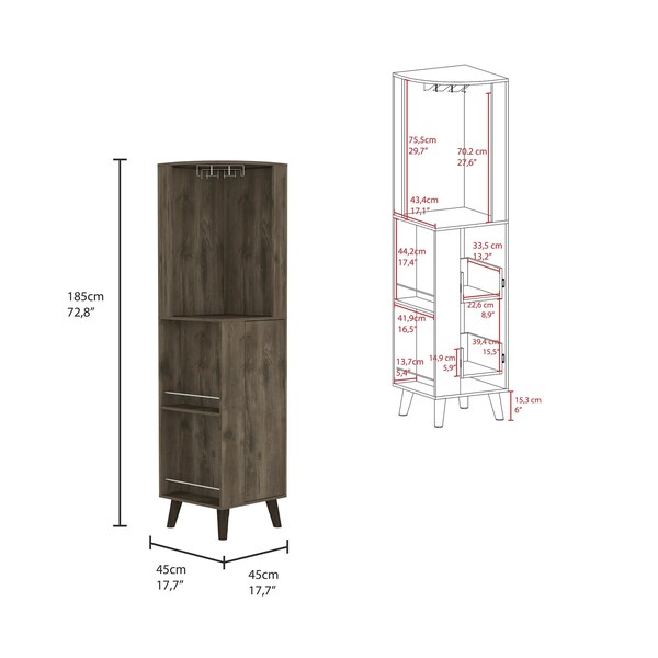 Tuhome Cincinatti Corner Bar Cabinet, Cup Rack, Two External Shelves, One Drawer, Four Legs, Dark Brown - BLB7766