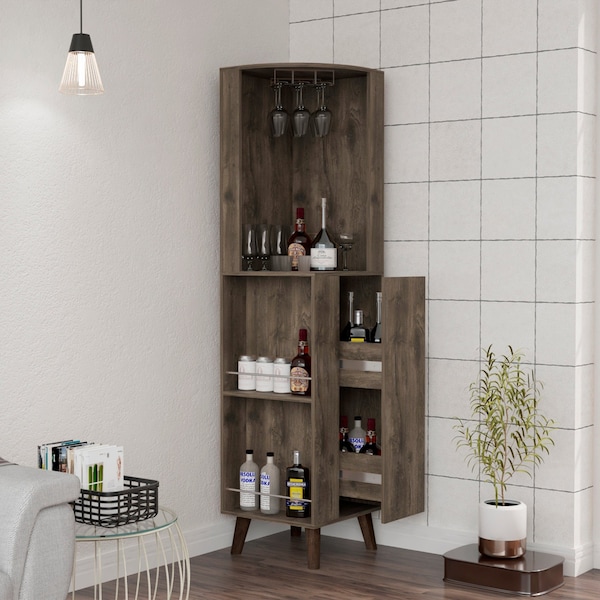 Tuhome Cincinatti Corner Bar Cabinet, Cup Rack, Two External Shelves, One Drawer, Four Legs, Dark Brown - BLB7766