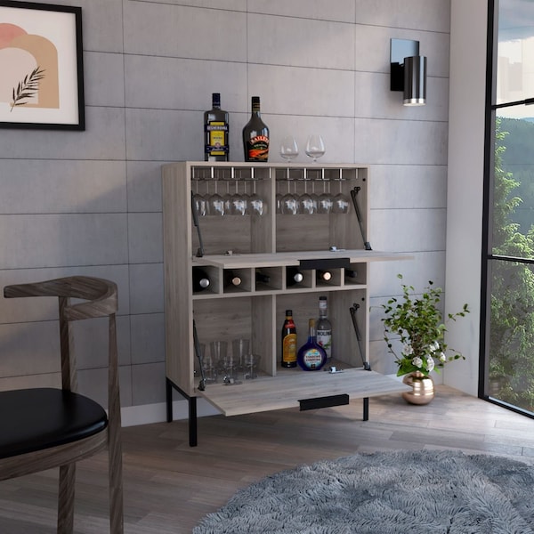 Tuhome Lyrata Bar Cabinet, Six Built-in Wine Rack, Double Door, Light Gray - BLZ7118