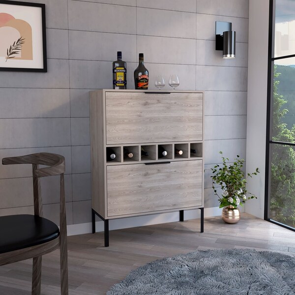 Tuhome Lyrata Bar Cabinet, Six Built-in Wine Rack, Double Door, Light Gray - BLZ7118