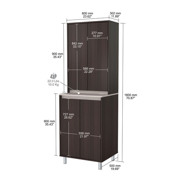 Inval Breakroom Cabinet With 4-Doors 23.62 in W x 11.89 in D x 70.87 in H in Espresso and Amber Grey - AL-4113