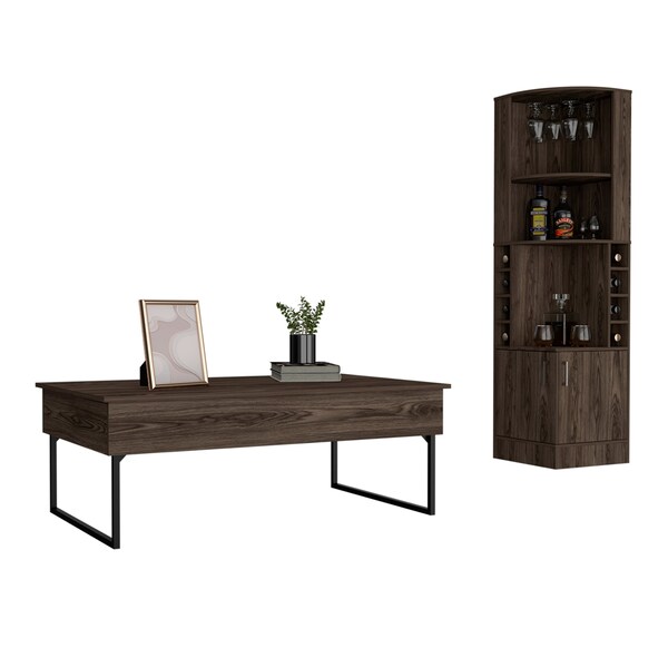 Tuhome Tracy 2 Piece Living Room Set, Corner Bar Cabinet, Coffee Table, Dark Walnut - CLIV48