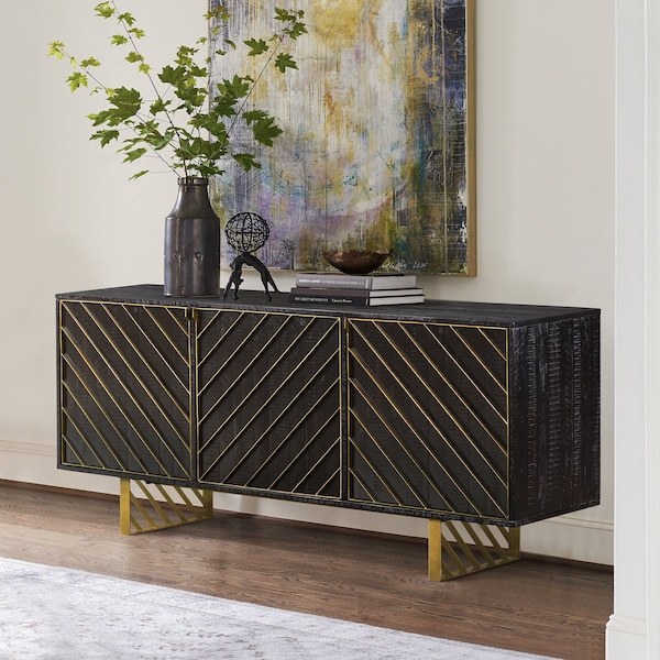 Armen Living Monaco Rectangular Black Wood Sideboard with Antique Brass Accent - LCMOBUBL