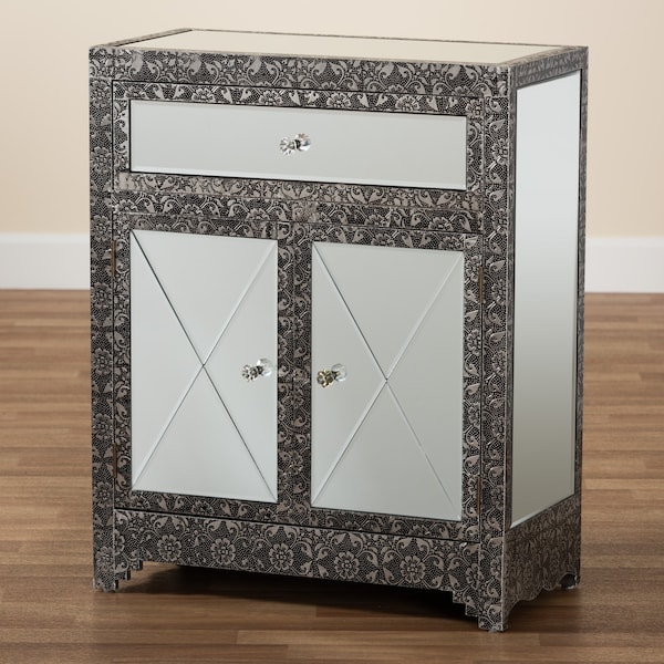 Baxton Studio Wycliff Industrial Glam and Luxe Silver Finished Metal and Mirrored Glass 1Drawer Sideboard Buffet - 212-12005-ZORO