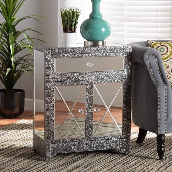 Baxton Studio Wycliff Industrial Glam and Luxe Silver Finished Metal and Mirrored Glass 1Drawer Sideboard Buffet - 212-12005-ZORO