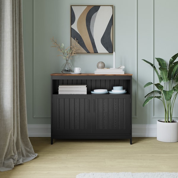 Flash Furniture Mayfield 40in. Buffet and Sideboard w/Dbl Door Storage Cabinet and Open Storage Shelf, Blk w/Walnut - NAN-F-HY-B23108-BLWAL-GG