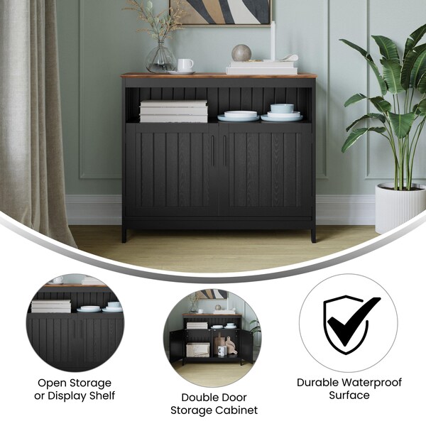 Flash Furniture Mayfield 40in. Buffet and Sideboard w/Dbl Door Storage Cabinet and Open Storage Shelf, Blk w/Walnut - NAN-F-HY-B23108-BLWAL-GG