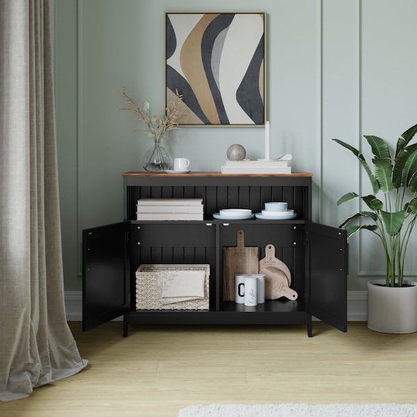 Flash Furniture Mayfield 40in. Buffet and Sideboard w/Dbl Door Storage Cabinet and Open Storage Shelf, Blk w/Walnut - NAN-F-HY-B23108-BLWAL-GG