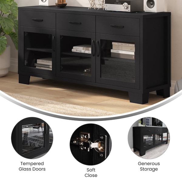 Flash Furniture Wells Black 59 Inch Modern Kitchen and Dining Room Buffet Sideboard Storage Cabinet - EV-CA7515-01ZZ-BK-GG