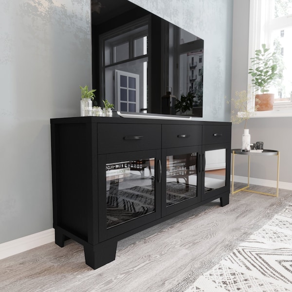 Flash Furniture Wells Black 59 Inch Modern Kitchen and Dining Room Buffet Sideboard Storage Cabinet - EV-CA7515-01ZZ-BK-GG