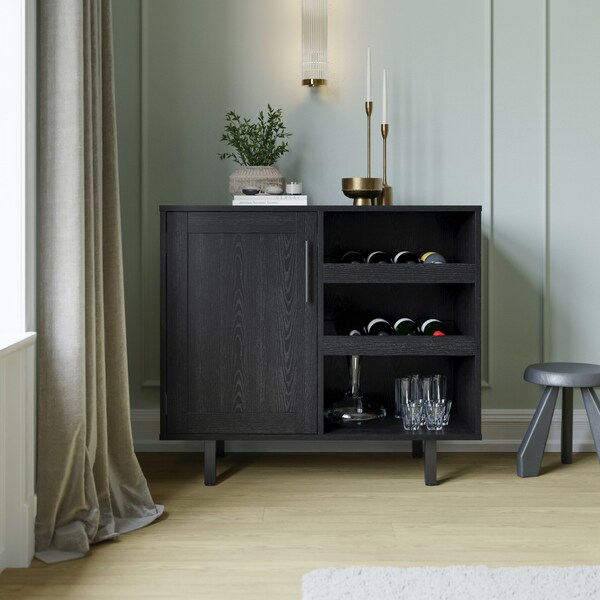 Flash Furniture Elmont Bar and Sideboard w/Shaker Style Single Door Cabinet w/Hanging Glass and Shelves, Black - NAN-F-HY-B23113-BLK-GG