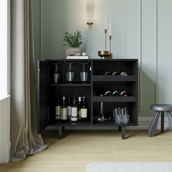 Flash Furniture Elmont Bar and Sideboard w/Shaker Style Single Door Cabinet w/Hanging Glass and Shelves, Black - NAN-F-HY-B23113-BLK-GG