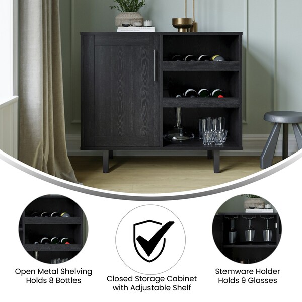 Flash Furniture Elmont Bar and Sideboard w/Shaker Style Single Door Cabinet w/Hanging Glass and Shelves, Black - NAN-F-HY-B23113-BLK-GG