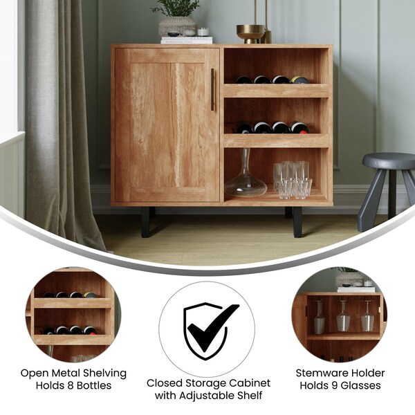 Flash Furniture Elmont Bar and Sideboard w/Shaker Style Single Door Cabinet w/Hanging Glass and Shelves, Lght Brwn - NAN-F-HY-B23113-LTBRN-GG