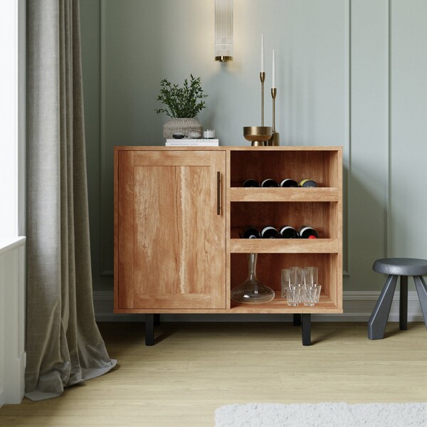 Flash Furniture Elmont Bar and Sideboard w/Shaker Style Single Door Cabinet w/Hanging Glass and Shelves, Lght Brwn - NAN-F-HY-B23113-LTBRN-GG