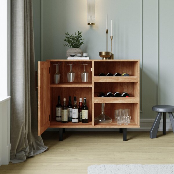 Flash Furniture Elmont Bar and Sideboard w/Shaker Style Single Door Cabinet w/Hanging Glass and Shelves, Lght Brwn - NAN-F-HY-B23113-LTBRN-GG