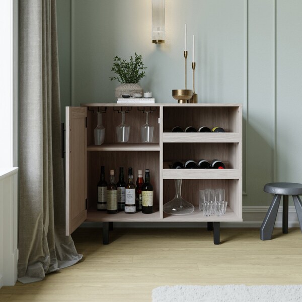 Flash Furniture Elmont Bar and Sideboard w/Shaker Style Single Door Cabinet w/Hanging Glass and Shelves, Gray - NAN-F-HY-B23113-GRY-GG