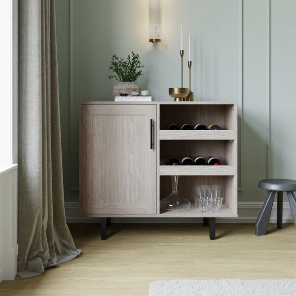 Flash Furniture Elmont Bar and Sideboard w/Shaker Style Single Door Cabinet w/Hanging Glass and Shelves, Gray - NAN-F-HY-B23113-GRY-GG