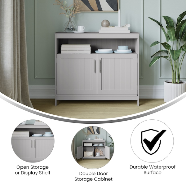 Flash Furniture Mayfield 40in. Buffet and Sideboard w/Double Door Storage Cabinet and Open Storage Shelf in Gray - NAN-F-HY-B23108-GRY-GG