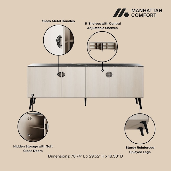 Manhattan Comfort Haley Sideboard 78.7 in White & Black Marble  in White and Black Marble - SB002-WB