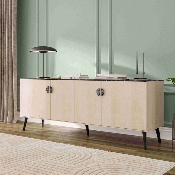 Manhattan Comfort Haley Sideboard 78.7 in White & Black Marble  in White and Black Marble - SB002-WB
