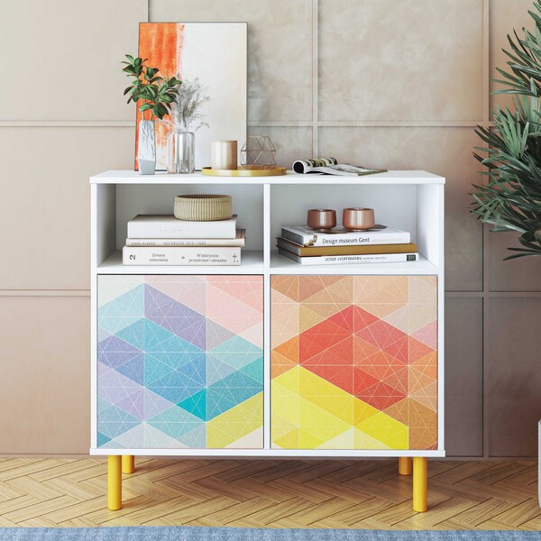 Manhattan Comfort Retro Sideboard in White and Multi Color Red, Yellow, Blue - SB-313AMC132