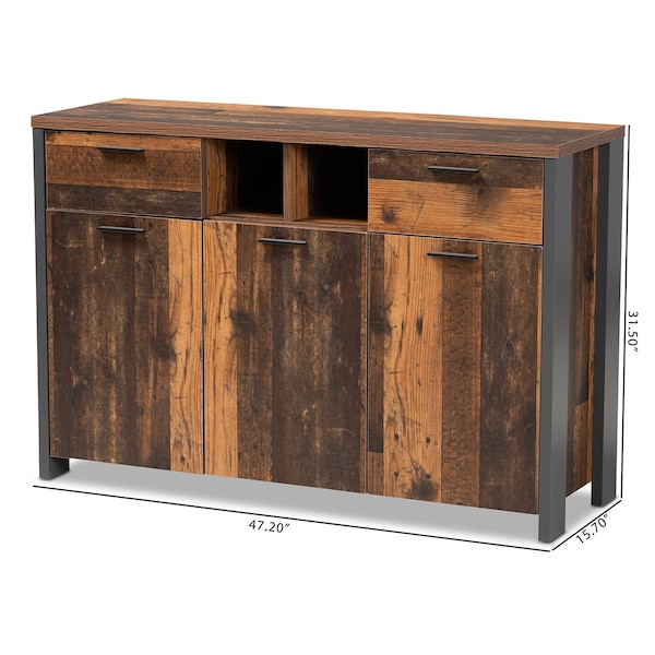 Baxton Studio Ranger Mid-Century Modern Rustic Brown Finished Wood and Grey Metal 2-Door Sideboard Buffet - 189-11748-ZORO