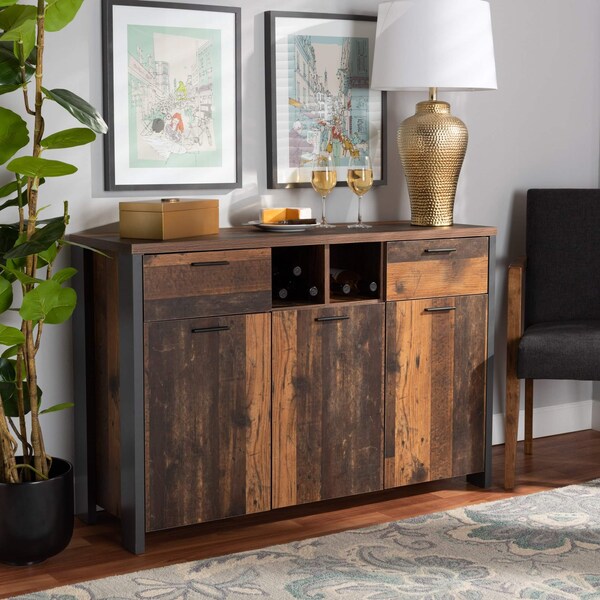 Baxton Studio Ranger Mid-Century Modern Rustic Brown Finished Wood and Grey Metal 2-Door Sideboard Buffet - 189-11748-ZORO