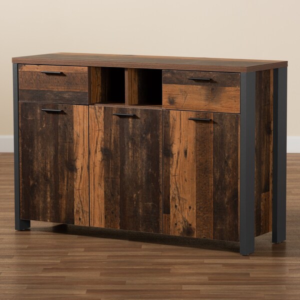 Baxton Studio Ranger Mid-Century Modern Rustic Brown Finished Wood and Grey Metal 2-Door Sideboard Buffet - 189-11748-ZORO