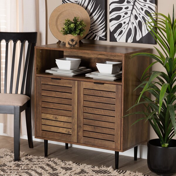 Baxton Studio Baylah Mid-Century Modern Natural Brown Finished Wood and Black Metal 2-Door Sideboard - 226-12483-ZORO