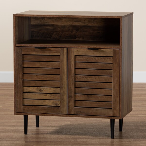Baxton Studio Baylah Mid-Century Modern Natural Brown Finished Wood and Black Metal 2-Door Sideboard - 226-12483-ZORO