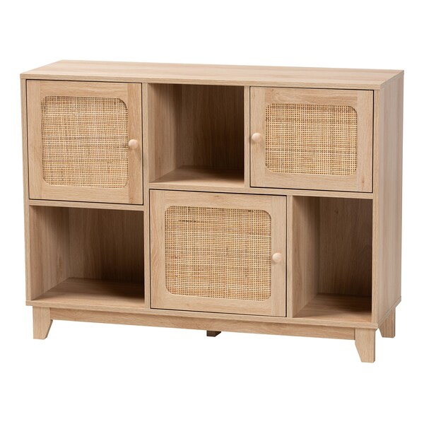 Baxton Studio Elsbeth Mid-Century Modern Light Brown Finished Wood and Natural Rattan 3-Door Sideboard - 226-12955-ZORO