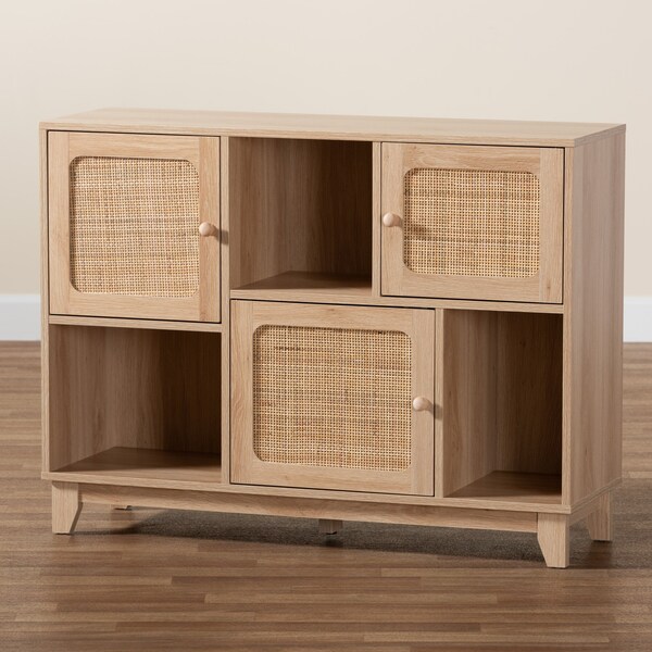 Baxton Studio Elsbeth Mid-Century Modern Light Brown Finished Wood and Natural Rattan 3-Door Sideboard - 226-12955-ZORO