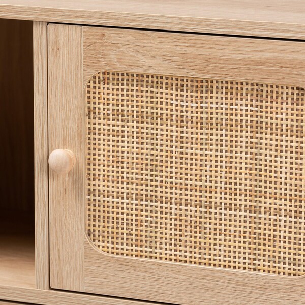 Baxton Studio Elsbeth Mid-Century Modern Light Brown Finished Wood and Natural Rattan 3-Door Sideboard - 226-12955-ZORO