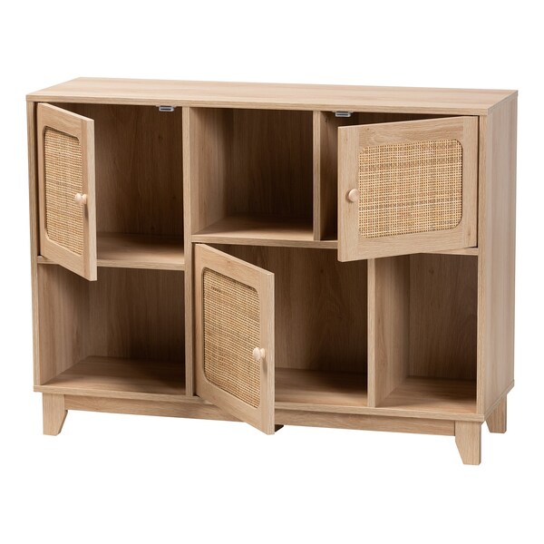 Baxton Studio Elsbeth Mid-Century Modern Light Brown Finished Wood and Natural Rattan 3-Door Sideboard - 226-12955-ZORO