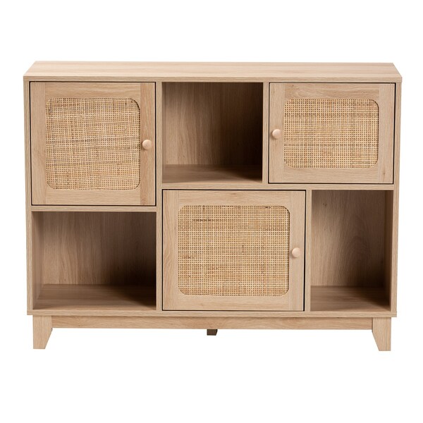 Baxton Studio Elsbeth Mid-Century Modern Light Brown Finished Wood and Natural Rattan 3-Door Sideboard - 226-12955-ZORO