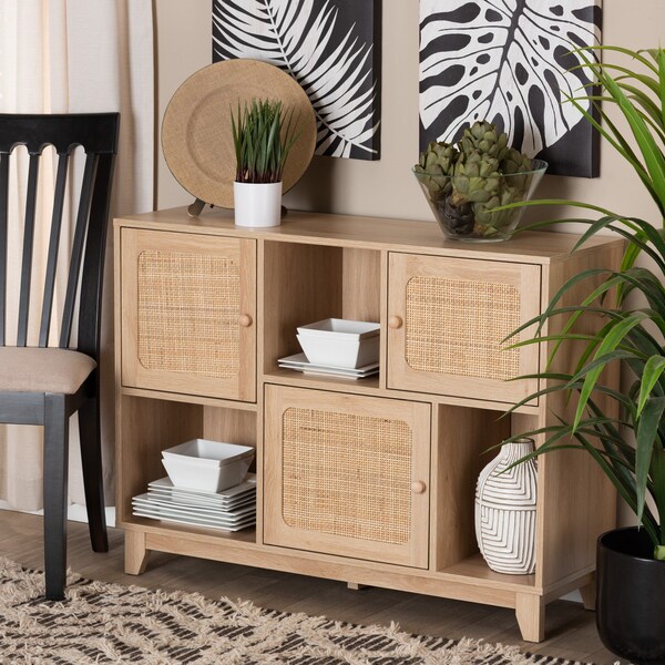Baxton Studio Elsbeth Mid-Century Modern Light Brown Finished Wood and Natural Rattan 3-Door Sideboard - 226-12955-ZORO