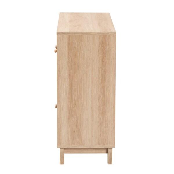 Baxton Studio Elsbeth Mid-Century Modern Light Brown Finished Wood and Natural Rattan 3-Door Sideboard - 226-12955-ZORO