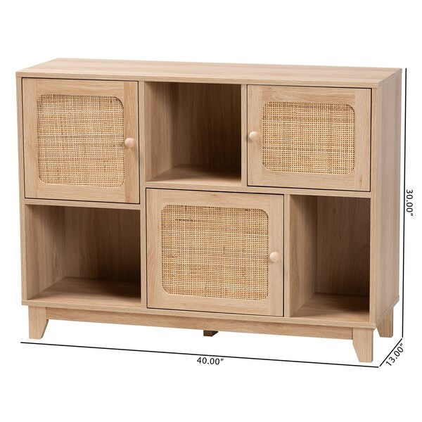 Baxton Studio Elsbeth Mid-Century Modern Light Brown Finished Wood and Natural Rattan 3-Door Sideboard - 226-12955-ZORO
